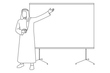 saudi arab man giving presentation in conference room in office. Line art style