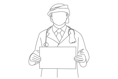 arab doctor holding a white cardboard banner isolated. Outline drawing style art