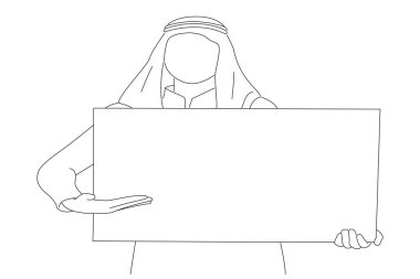 arab man holding black panel with space for text on white background. Oneline art drawing style