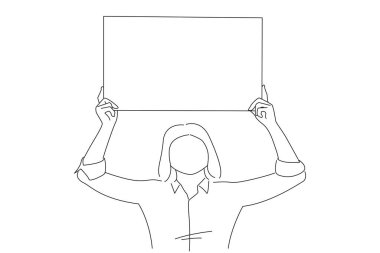 woman holding a blank sign over her head isolated on white background. Line art style