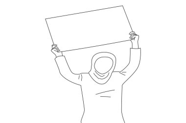 muslim businesswoman holding blank billboard over her head. Line art style