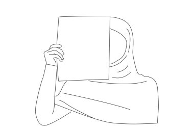 arabic girl in hijab covering half of her face with blank white sheet of paper, Outline drawing style art