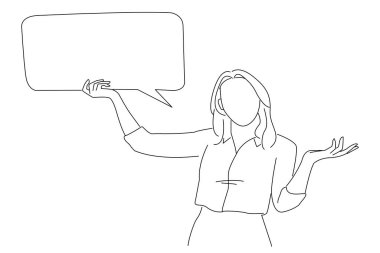 business woman holding empty speech bubble isolated over white background. Outline drawing style art