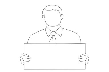businessman showing blank signboard, with copyspace area for text or slogan. Line art style