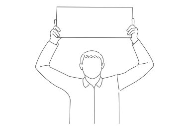 businessman hold blank sign board. Oneline art drawing style