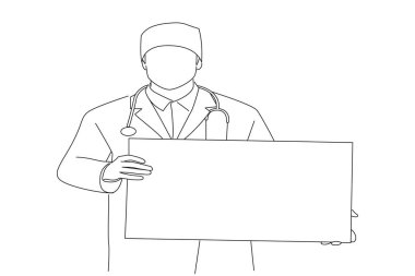 doctor holding blank warning sign, empty space. Line art style