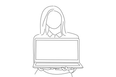 businesswoman showing blank laptop screen looking at camera. One line art