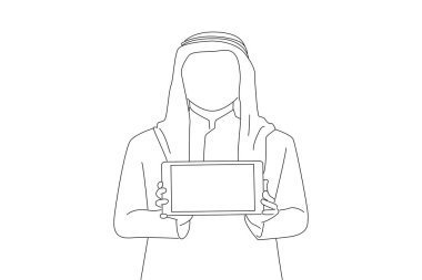 arab man introduce application, showing digital tablet screen. Oneline art drawing styl