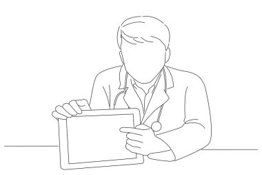 male doctor showing a blank screen image on a tablet. Outline drawing style ar