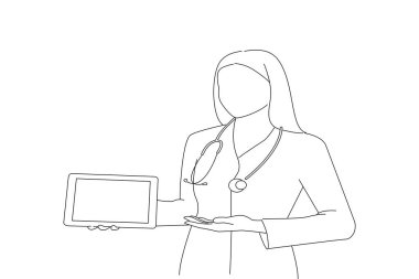 doctor in white coat showing the screen of digital tablet in her hand. Outline drawing style art
