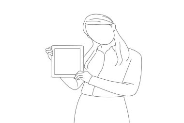 business woman shows and displays a tablet. One line ar
