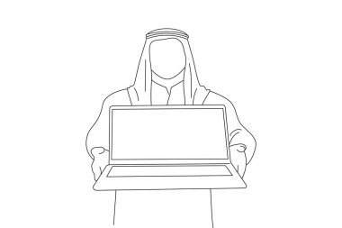 arab businessman holding laptop computer with blank screen. One line ar