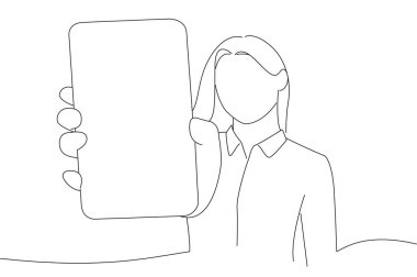 Woman Showing Big Smartphone With Blank Screen. Oneline art drawing style