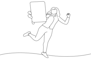 lady holding smartphone, showing blank screen, jumping up. One line art