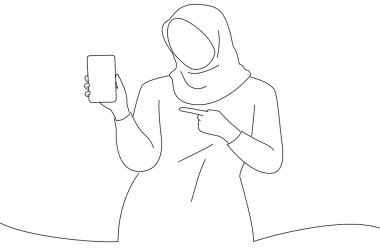 woman in hijab pointing fingers at blank screen mobile phone. Oneline art drawing style