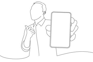 businessman holding big smartphone in hand and pointing at device. One line art