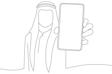 Arab Businessman Demonstrating Smartphone With Big Blank White Screen. One line art