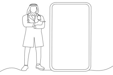 Male Physician In Uniform Pointing Finger At Big Phone Screen. One line art