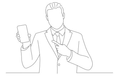 businessman recommending to buy new digital gadget device. Line art style