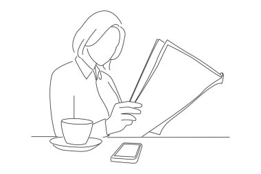 business woman reading a newspaper at outdoor cafe. Outline drawing style art