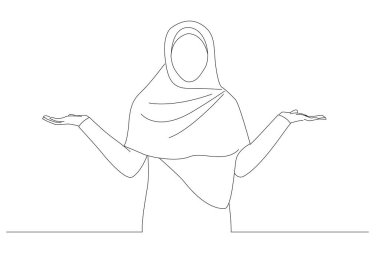 woman in hijab spreading hands. One line art