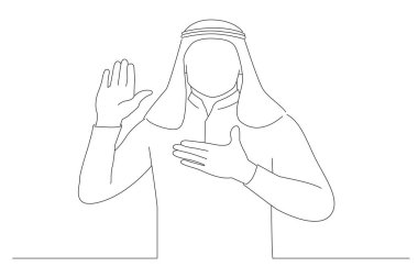 arab businessman swearing with hand on chest and open palm. Line art style