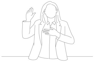 woman making a loyalty promise oath. Outline drawing style art