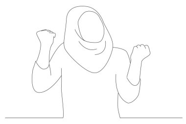 happy muslim woman make winning gesture. One line art