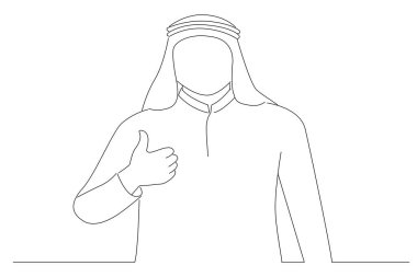 arab businessman doing happy thumbs up gesture with hand. Outline drawing style art
