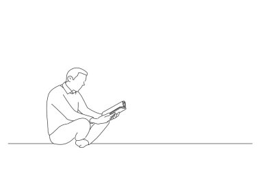 Cartoon of muslim man reading holy book Quran. Oneline art drawing styl