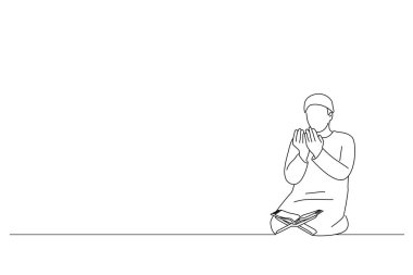 Drawing of silhouette of muslim man having worship and praying. Line art styl