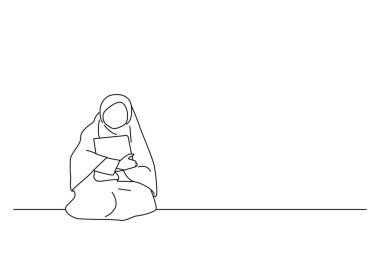 Drawing of asian muslim girl holding al quran book. Outline drawing style ar