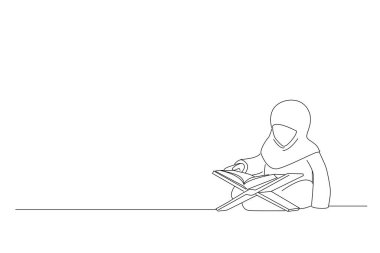Cartoon of Asian Indonesian Muslim kid is reading the Quran. One line ar