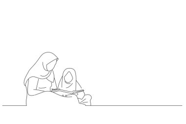 Drawing of muslim mother teach her daughter reading koran inside the mosque. One line ar