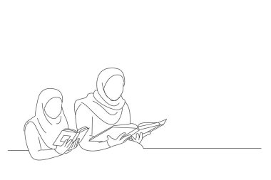 Cartoon of muslim mother and daughter with a headscarf read the Quran together. Line art styl