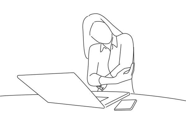 Stressed Woman Sitting Home Office Desk Front Laptop Touching Aching — Vetor de Stock