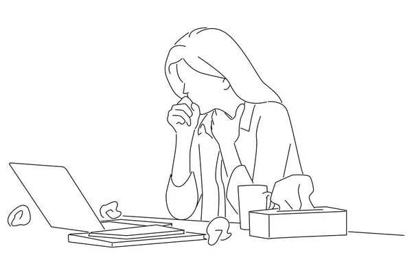 Illustration Sad Business Woman Suffering Cold While Working Laptop Table — Archivo Imágenes Vectoriales