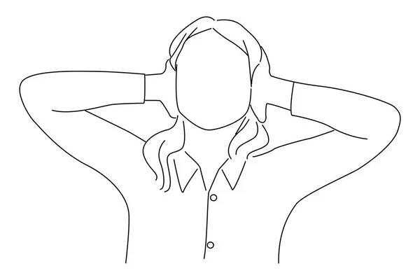 Drawing of unhappy stressed business woman covering her ears looking up stop making loud noise. Outline drawing style art