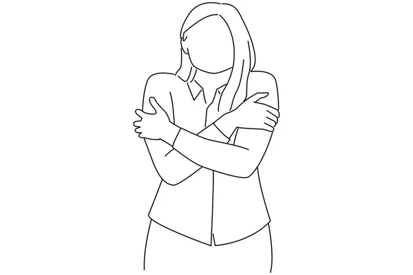 Drawing Business Woman Feeling Uncomfortable Walking Hugging Herself Trembling —  Vetores de Stock