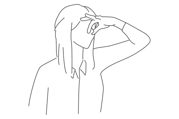 Drawing Young Beautiful Woman Covering Her Nose Bad Smell Outline — Stock vektor