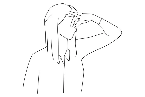 Drawing of young beautiful woman covering her nose with a bad smell. Outline drawing style art