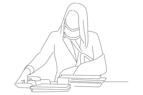 Cartoon Injured Female Employee Working Office Line Art Style — ストックベクタ