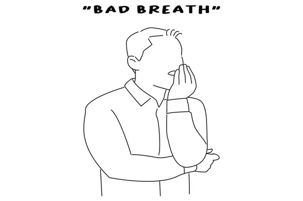 Illustration Businessman Verifying Bad Breath Concerned Halitosis Line Art Style — Stockvector