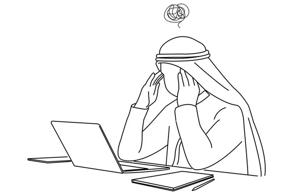 Illustration Arab Businessman Laptop Having Headache One Line Art Style — Image vectorielle