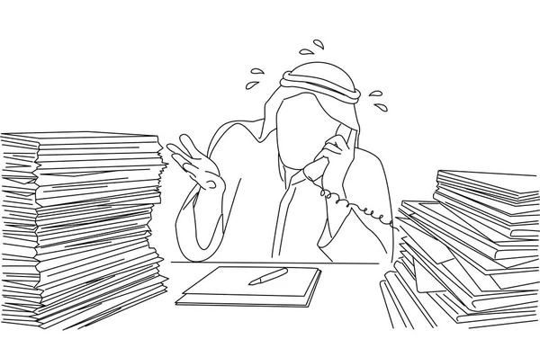 Cartoon Arab Businessman Working Office Doing Paperwork Continuous Line Art — ストックベクタ
