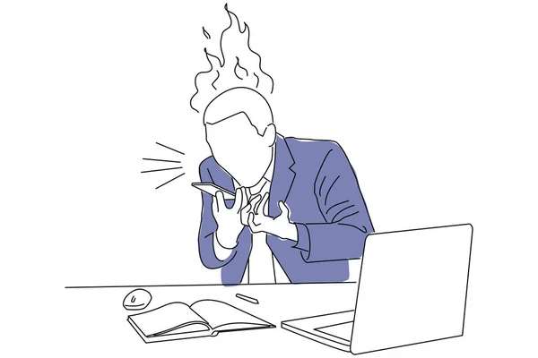 Cartoon Angry Businessman Smartphone Shouting Single Continuous Line Art Style — Stockvektor