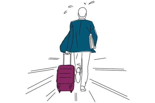 Illustration Rear View Businessman Luggage Running Airport One Line Art — Wektor stockowy