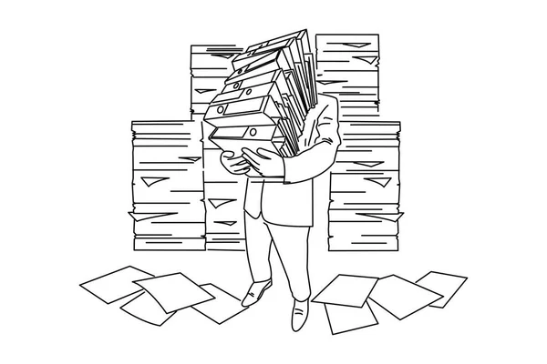 Illustration Stressed Man Hold Lots Paper Folder Outline Drawing Style — Vector de stock