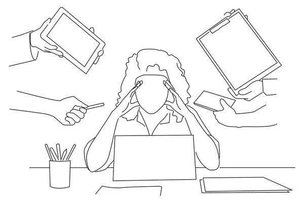 Overworked Businesswoman Sitting Touching Head Ignoring Colleagues Line Art Style — Διανυσματικό Αρχείο