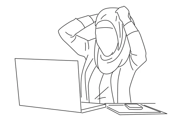 Stressed Muslim Business Woman Desk Screaming Shouting Outline Drawing Style — 图库矢量图片